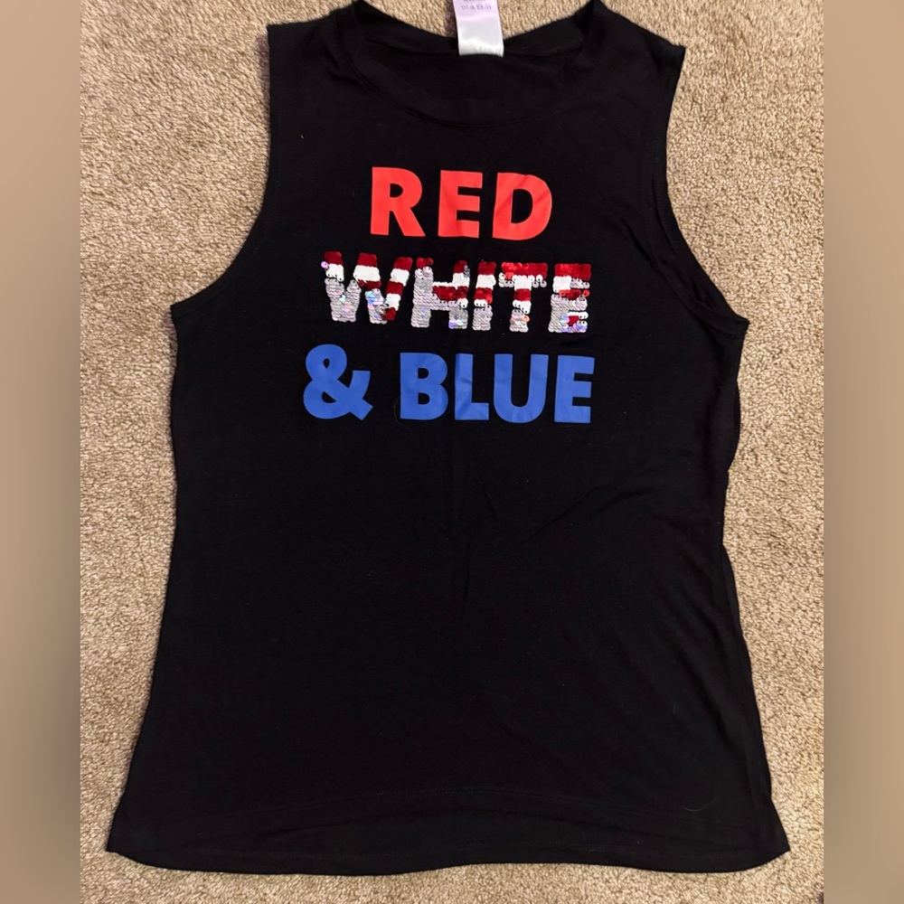 Black Sleeveless Top with Red, White & Blue Print